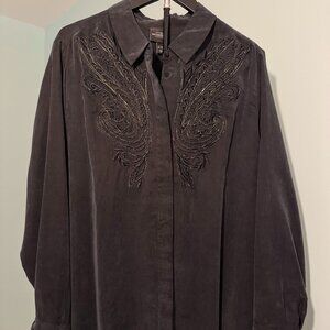 Ulla Popken Women's Embroidered Black Cupro Button Down Blouse Size 20/22